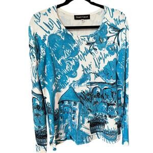Desert Casual Blue Artistic Print Embroidered Blouse - M